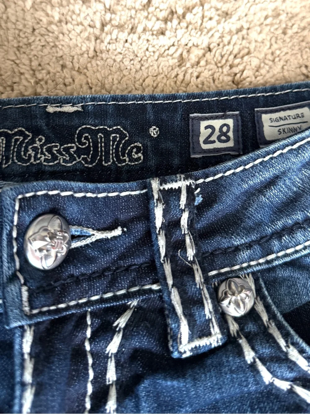 Miss Me Blue Jeans size 28 Skinny Embellished Rhinestones Pockets Thick Stitch